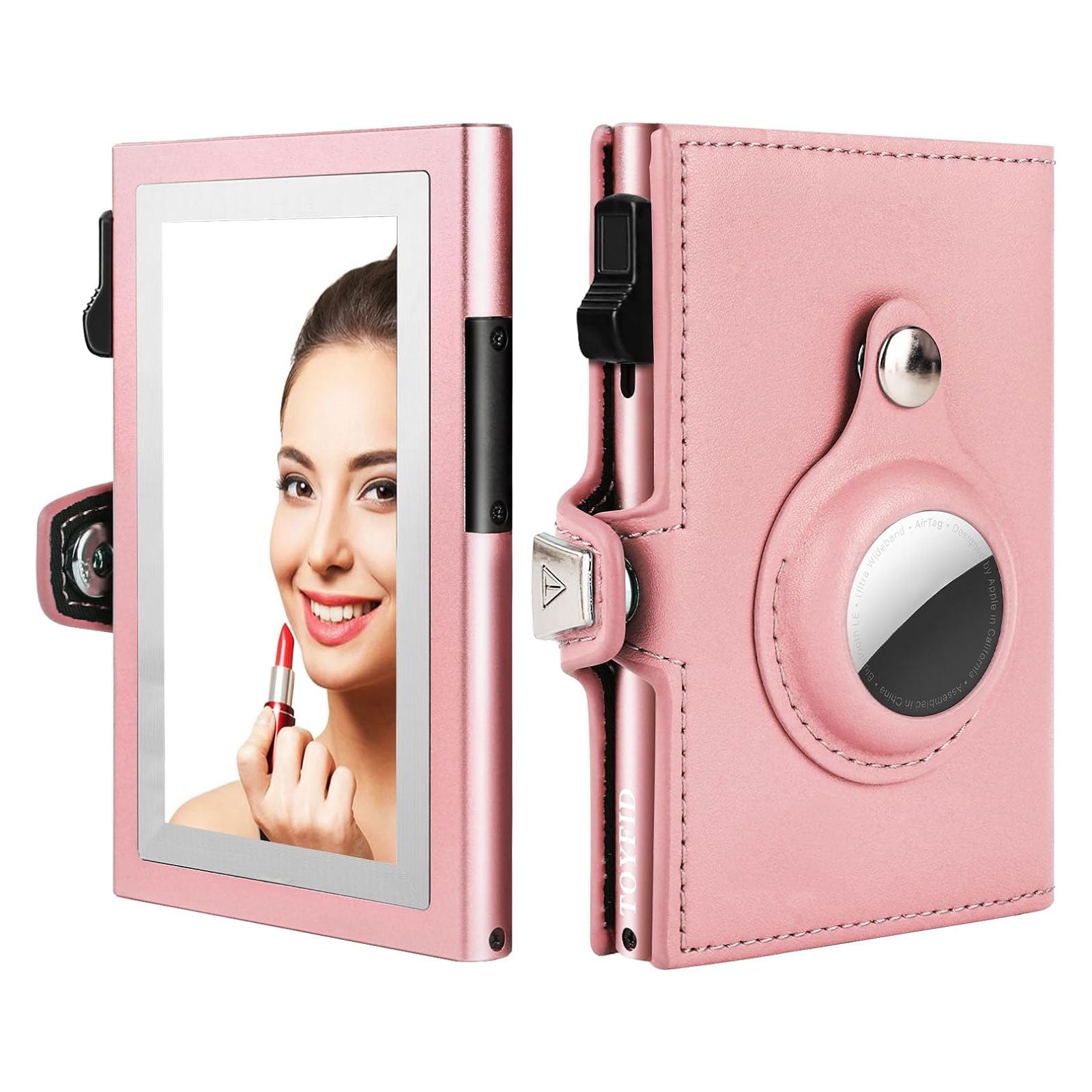 Women Wallet for Airtag, Small Pretty Wallet with Mirror for Women,Pop Up Wallet Compatible with Airtag, Tri-fold Genuine Leather Wallet Women with Mirror