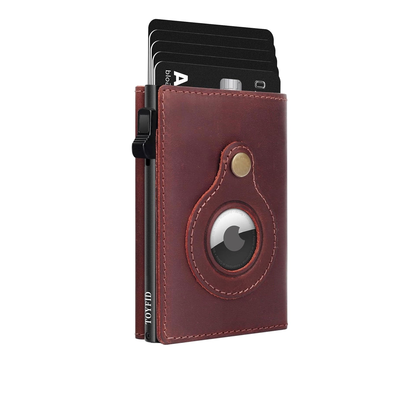 TOYFID Leather Wallet for Men, RFID Blocking Pop up Card Holder with Slide Ejector Button, ID Window, Airtag Slot, Mirror, Large Capacity Organiser for Credit Card/Bank Card/Cash